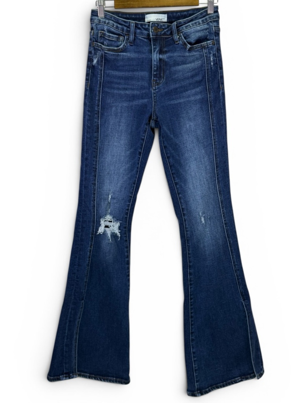 Vervet Women's High Rise Distressed Flare Side Slit Hem Stretch Jeans Size 27